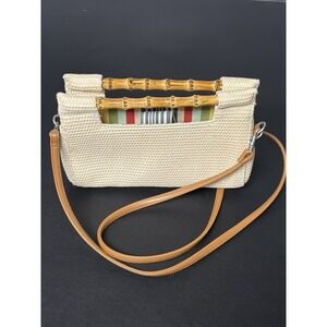 Fossil Basket Weave Purse  Bamboo Handle Canvas Lined Medium Sized